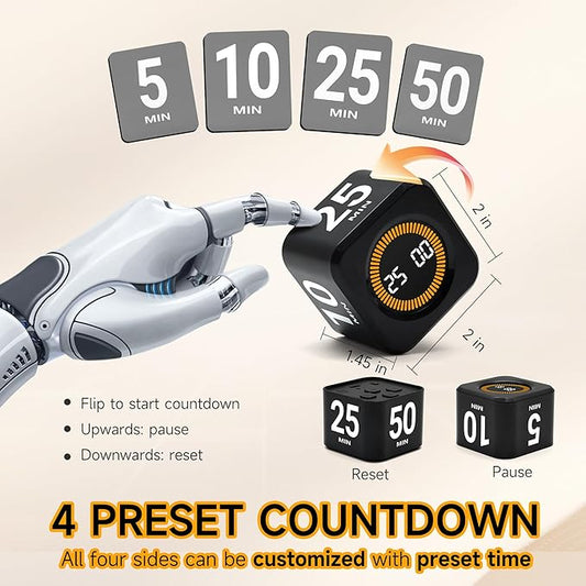 Visual Productivity Timer 5, 10, 25, 50 Minutes Preset, Desk Cube with Gravity Sensor for ADHD, Mute Functions, Ideal for Work, Study, Kitchen, Back to School(1, Black)