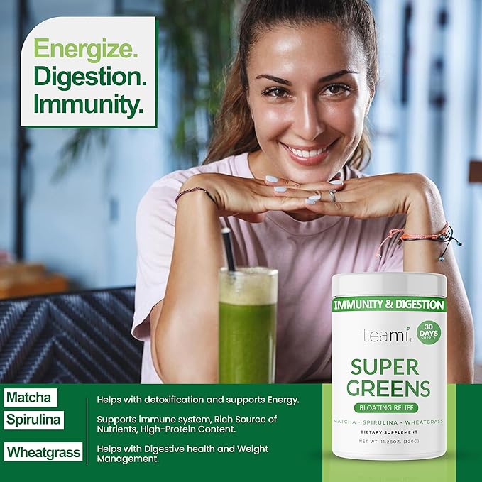 Teami Organic Super Greens Powder for Immunity & Digestion, Non-GMO Greens Superfood Powder to Support Energy, 16 superfood Ingredients, Sugar-Free Veggie Powder for Juice & Smoothie, 32 Servings
