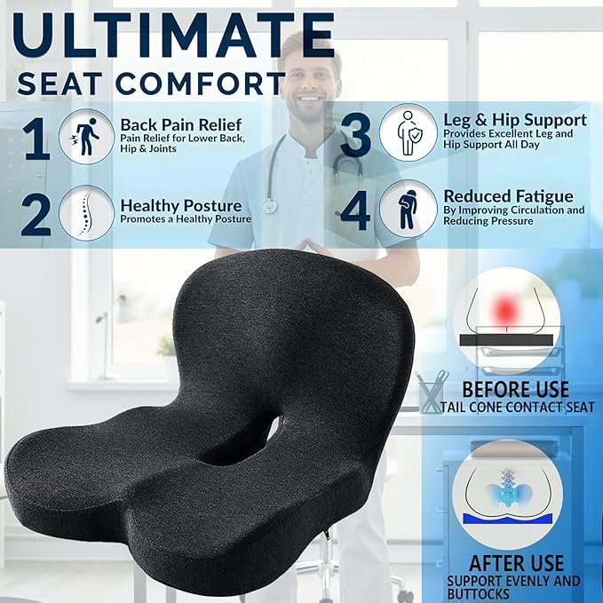 Ergonomic Memory Foam Seat Cushion for Truck Drivers Office Chairs Home Chair Cushion Car Desk Chair Non Slip Pad, Sciatica & Tailbone Pain Relief, Long Sitting Comfort Pad (Dark Grey)