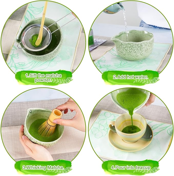 Matcha Whisk Set, Matcha Set 7 Pcs, Ceramic Matcha Bowl with Spout, Bamboo Chasen Whisk & Holder, Scoop, Sifter, Tea Towel, Ideal Gift Christmas, Birthday(Mottled Green)