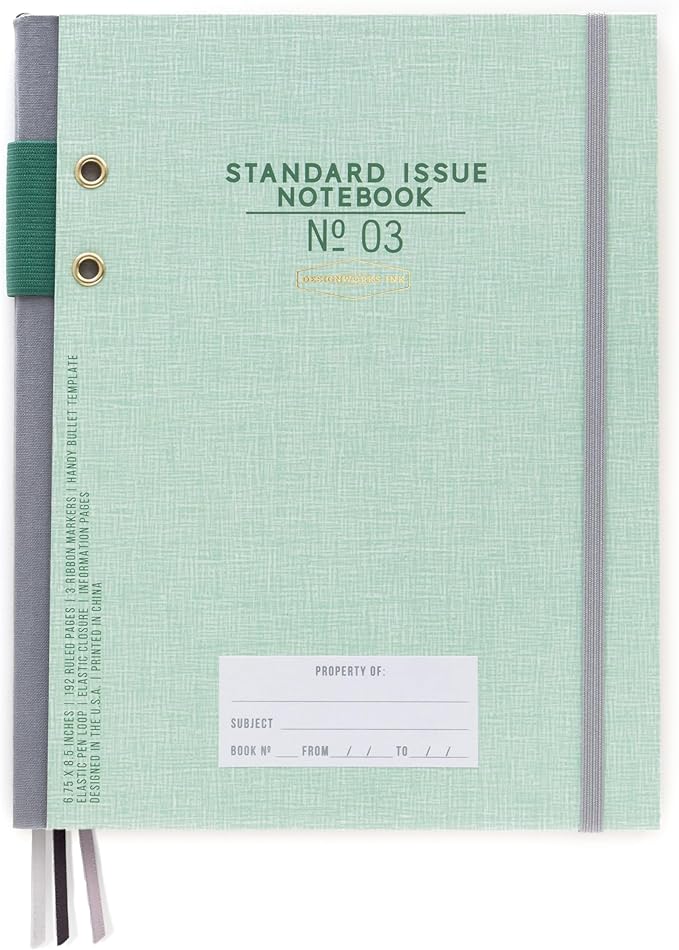 DesignWorks Ink Standard Issue Planner Notebook No. 3 Journal with Lined Pages, Elastic Closure, Pen Holder, and 3 Ribbon Markers for Work, Writing, Journaling - 6.75" x 8.5" - Green