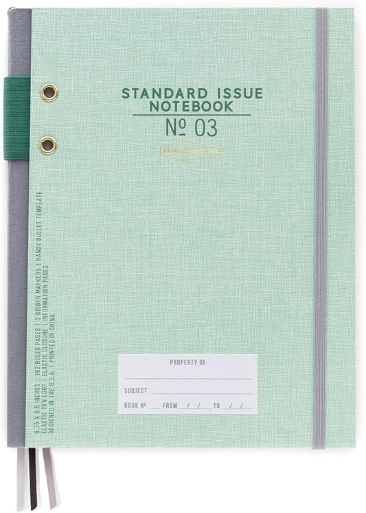 DesignWorks Ink Standard Issue Planner Notebook No. 3 Journal with Lined Pages, Elastic Closure, Pen Holder, and 3 Ribbon Markers for Work, Writing, Journaling - 6.75" x 8.5" - Green