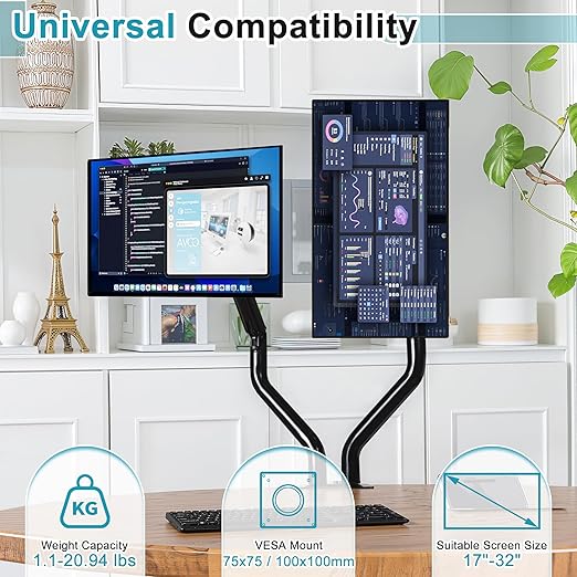 Lyngins Dual Monitor Stand, 17-32 inch Monitor Mounts for 2 Computer Screens, VESA Mount with 75/100 mm, Each Arm Supports Up to 20.94 lbs, Double Monitors Arm Desk Mount - Black