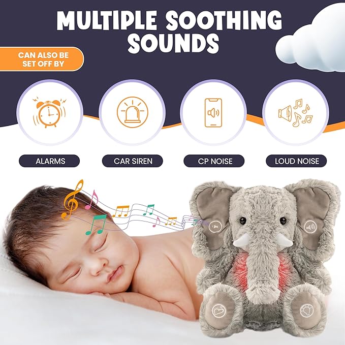 Gemma Joy Baby Sleep Soother Elephant for Baby – Cry Activated Heartbeat Stuffed Animal – Rechargeable Crib Soother with White Noise, Shush, Lullabies & Night Light – Newborn Essentials Must Haves