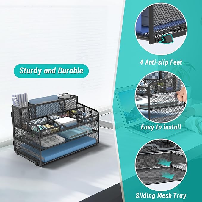 OrgMate 3 Tier Mesh Desk Organizer,Multi Functional Letter Paper Tray with 3 Pen Holders and 5 Adjustable Storage Compartments for Office Supplies Files and Mail Space Saving Desktop Organizer-Black