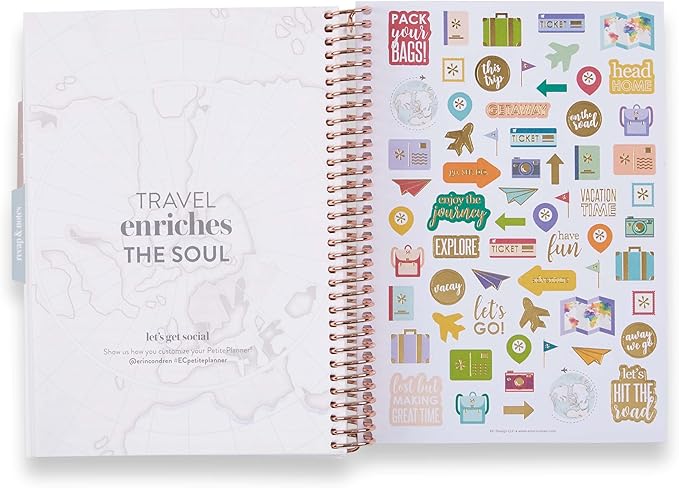 Erin Condren A5 Travel Journal Vacation Planner, For Planning Your Next Trip and Journaling Your Adventures, Traveler's Collage Cover, Tabbed Sections for Added Organization, Stickers Included