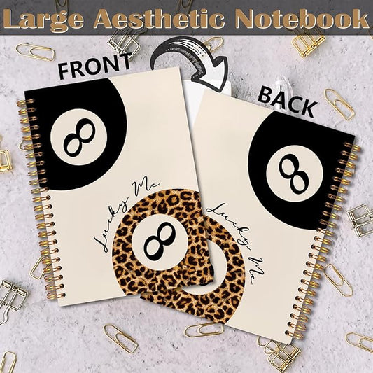 Trendy Leopard and Black Lucky 8 Ball Notebook, Funky Leopard Print Journaling Notebook, Vintage Modern Billiards Journal, Aesthetic Cheetah Print Balls Spiral Notebooks 5.5x8.3 Inch