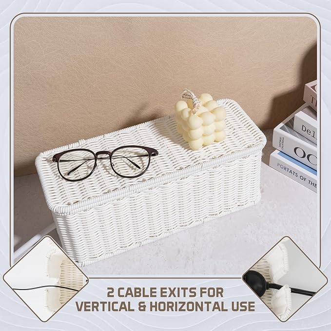 Cable Management Box, Handmade Rattan Cable Organizer, 2 Open Slots Cords Hider Box, Under Desk Cord Organizer for Computer Router USB Hub & Power Strip, Patent Pending, 13" x 5.1" x 5.1", White