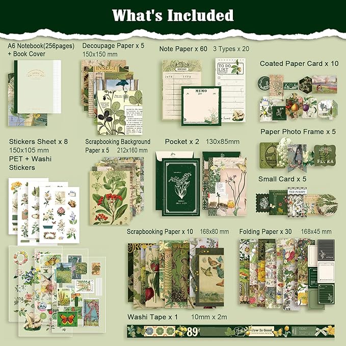 Scrapbooking Supplies Kit, Vintage Aesthetic Scrapbook Kit, Junk Journal Supplies with Scrapbooking Paper A6 Grid Notebook, Journaling Supplies, Birthday Craft Gift for Adult Teen Girl Kid, Botanical