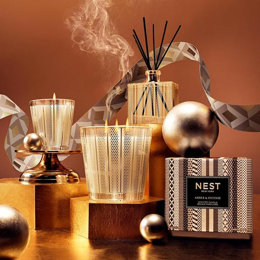 NEST New York Reed Diffuser, Amber & Incense - 5.9 fl oz - Fragrance for Up to 90 Days - Reusable, Refillable Glass Holder - Includes 8 All-Natural Reed Sticks - Flame Free