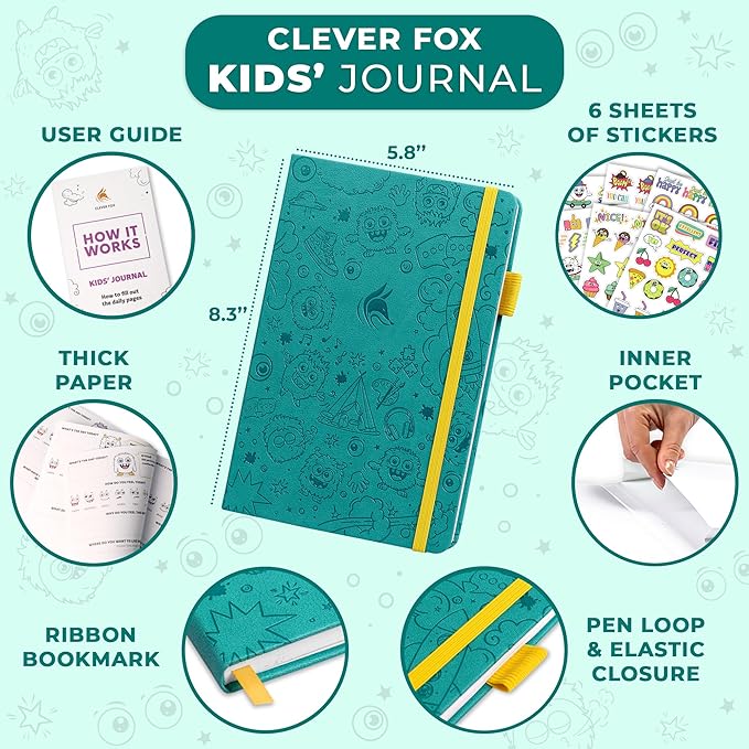 Clever Fox Kids’ Journal – Daily Feelings & Gratitude Notebook for 8+ Children – Child’s Planner & Mood Tracker for Journaling & Writing (Turquoise)