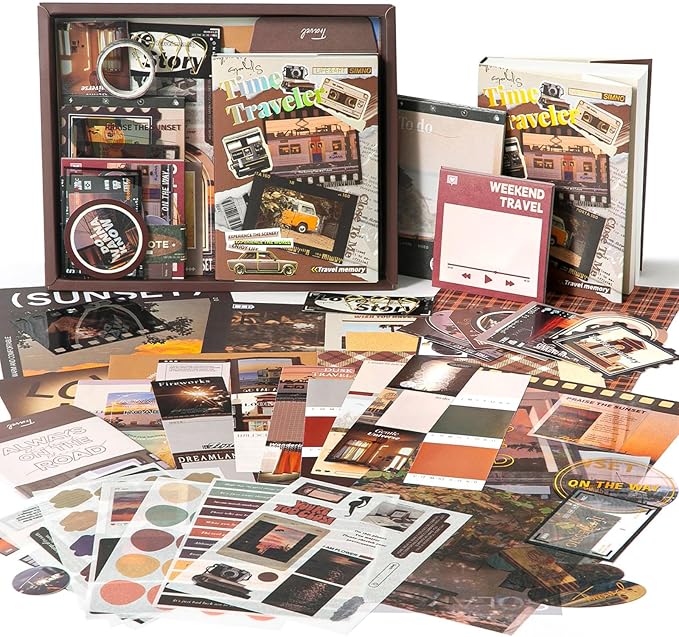 Scrapbook Supplies Kit, Vintage Aesthetic Scrapbook Kit, 351pcs Junk Journal Supplies with Scrapbooking Paper A6 Grid Notebook, Journaling Supplies, Birthday Craft Gift for Adult Teen, Time Traveler