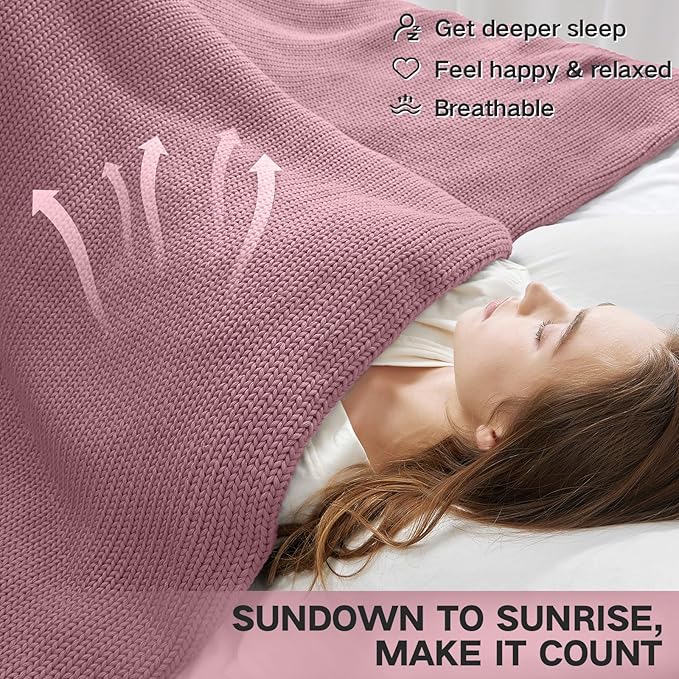 Guohaoi Knitted Weighted Blanket for Adults (Muted Pink 60"x80" 12lbs) No Beads Cooling Throw Blanket for Hot Sleepers, Home Decor Breathable Chunky Knit Heavy Blanket Use on Queen/King Size Bed