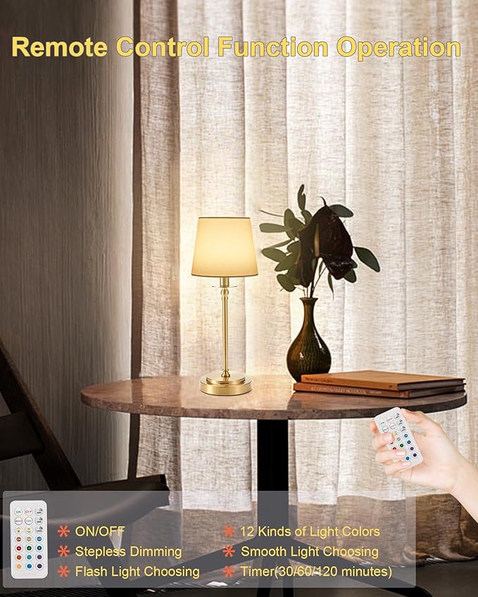 Egobasic Cordless Rechargeable Table Lamp with Remote, Small Portable Battery Operated Lamp with Timer, 12 RGB Lighting Dim, Restaurant Dining Bed Side Table Night Lights, Fabric Shade, Antique Brass