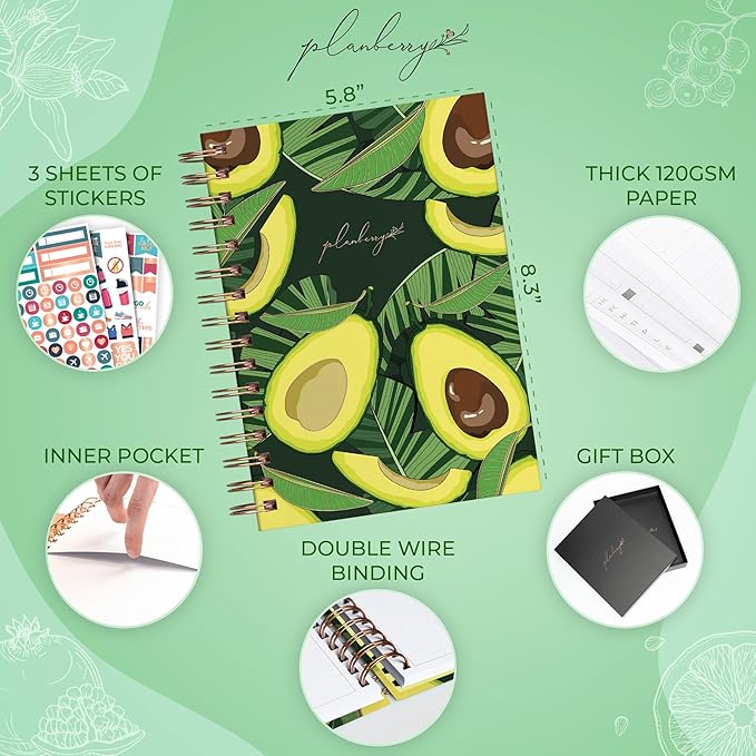 PLANBERRY Food Journal Premium – Nutrition Planner – Diet & Calorie Tracker – Meal & Exercise Diary – Weight Loss Journal (Avocado Green)