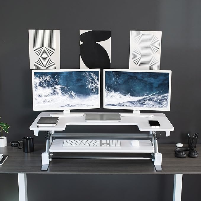 VIVO 42 inch Height Adjustable Stand Up Desk Converter, V Series, Quick Sit to Stand Tabletop Dual Monitor Riser Workstation, White, DESK-V000VLW