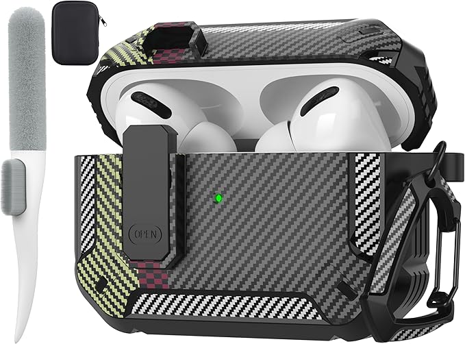 Maxjoy for AirPods Pro Case Cover with Lock, AirPods Pro 1st Generation Case for Men Military Rugged Protective Cover with Keychain Compatible with Apple AirPod Pros 2019 Front LED, Carbon Fiber Gray