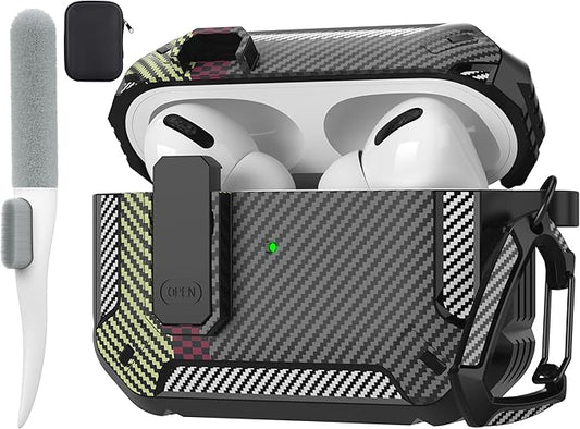 Maxjoy for AirPods Pro Case Cover with Lock, AirPods Pro 1st Generation Case for Men Military Rugged Protective Cover with Keychain Compatible with Apple AirPod Pros 2019 Front LED, Carbon Fiber Gray