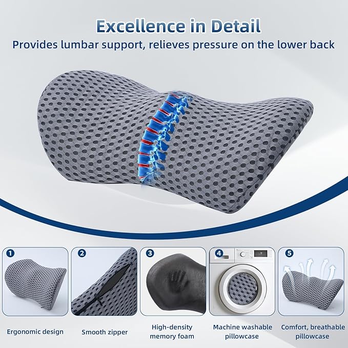 Lumbar Pillow, 2 Pack Memory Foam Lumbar Support Pillow for Office Chair and Car Seat, Ergonomic Streamline Back Pillow for Lower Back Pain Relief, Back Support Pillow for Sitting, Driving, Traveling