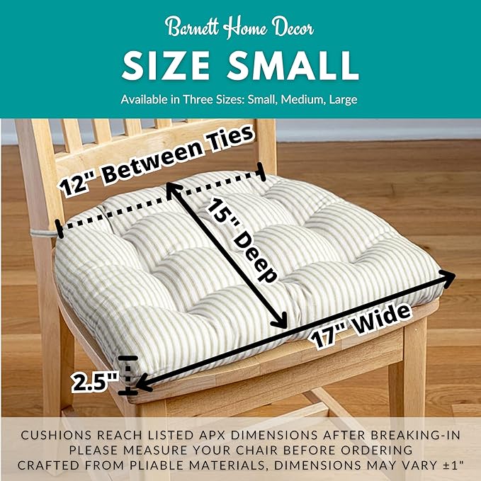 Barnett Home Decor Dining Chair Cushions with Ties – Size Small 15 x 17 - Latex Foam Fill, 100% Cotton, Machine Washable Chair Pads for Kitchen Chairs, Made in USA (Cotton Duck Natural/Pack of 2)