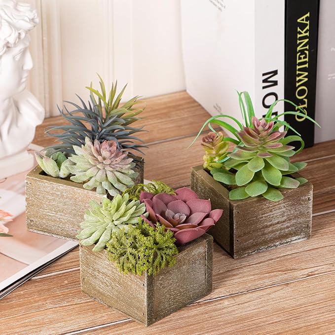 Mingfuxin Succulent Plants Artificial, Small Fake Plants in Pots, Mini Artificial Plants Indoor with Wood Potted for Bathroom Home Office Living Room Table Desk Shelf Decor, Set of 3
