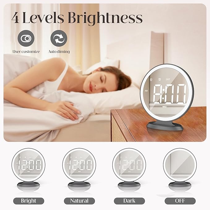 Round Mirror Lighted Digital Alarm Clock, Mirror Surface for Makeup, Large Display, Easy Setting, Auto DST, Auto Dimming, USB Port, Modern Decor for Home, Bedroom, Office, Gift for Women, Girl, Black