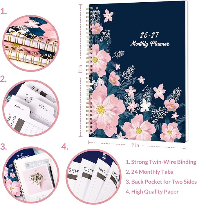 2026-2027 Monthly Planner/Calendar - Jan. 2026 - Dec. 2027, 9" x 11" Planner 2026-2027, 2-Size Pocket, Monthly Tabs, Premium Paper