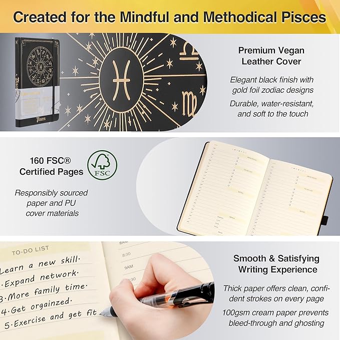 Pisces Zodiac Astrology Undated Monthly Weekly Daily Planner Journal A5 5.8" x 8.3" 160 Pages 100GSM Paper 2025 2026 2027 Holidays Calendar