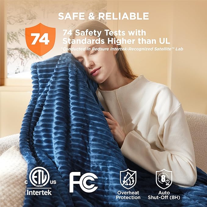 Bedsure GentleSoft Electric Blanket Twin - Soft Ribbed Flannel Heated Blanket, Heating with 10 Time Settings, 6 Heat Settings, and 8 hrs Timer Auto Shut Off, Gifts for Grandma (62x84 inches, Navy)
