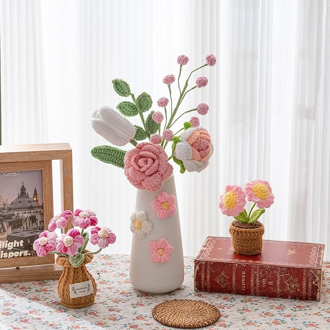 Handmade Crochet Flowers Arrangement with Vase, 14 inch Knitted Desk Decorations Centerpieces for Home Office Decor (Crochet Bouquet)