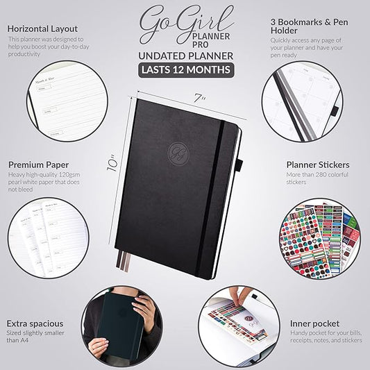 GoGirl Planner PRO - Undated Horizontal Layout Weekly Planner and Organizer + Budgeting and Expense Tracking Pages, Goals Journal & Agenda, 7" x 10" Hardcover, Lasts 1 Year - Black