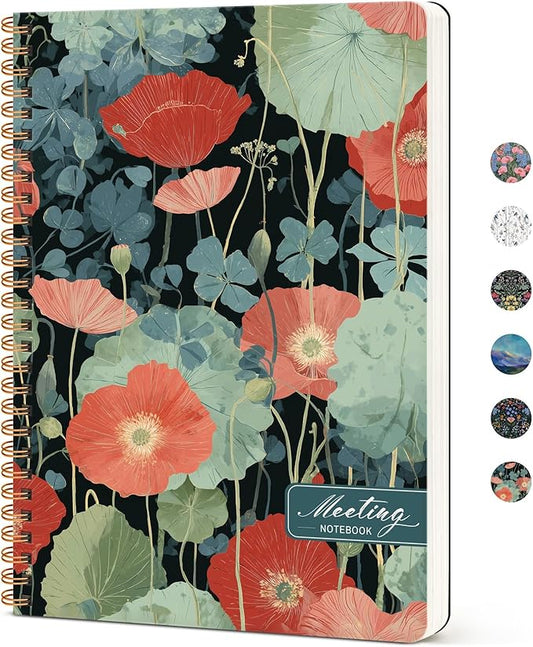 Meeting Notebook for Work Organization, Aesthetic Meeting Minutes Notebook for Work, Event Project Agenda Planner Organizer, Perfect for Office School Business Supplies, 6.9" X 9.7" - Poppy Garden