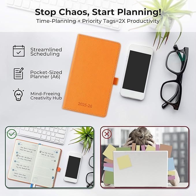 Weekly Monthly 2025-2026 Planner (July 25-Dec 26),6.5"x3.75",18 Months Agenda Plan with Month Tabs & Pocket,Expenses/Note Pages, Academic Calendar with Vegan Leather Cover,Orange