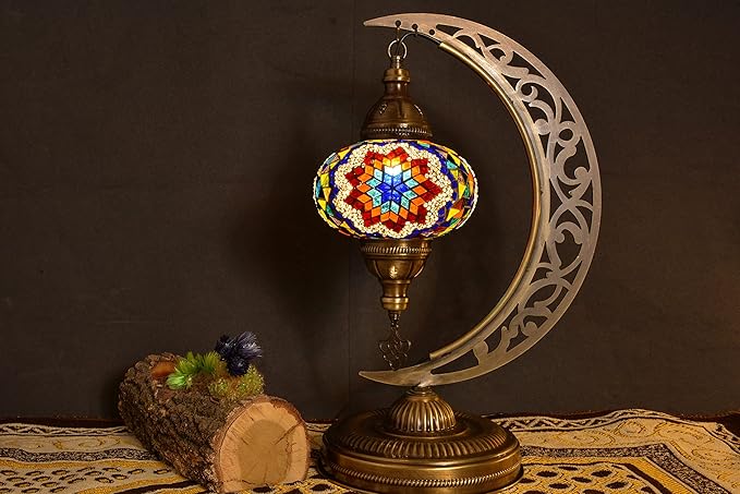 mozaist Turkish Mosaic Crescent Shape Table Lamp, Moroccan Moon Boho Handmade Desk Light, Farmhouse Rustic Living Room Decorative Lighting, Bedside Nightstand with E12 Socket & US Plug (Multicolor)
