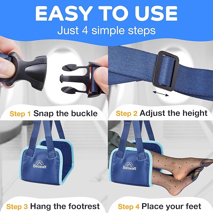 Portable Airplane Foot Hammock for Plane Travel with Memory Foam & Hardboard for No Feet or Leg Clashing - Long Flight Air Travel Essentials to Relax Feet Rest Flying Overseas by Beswalt (Navy Blue)