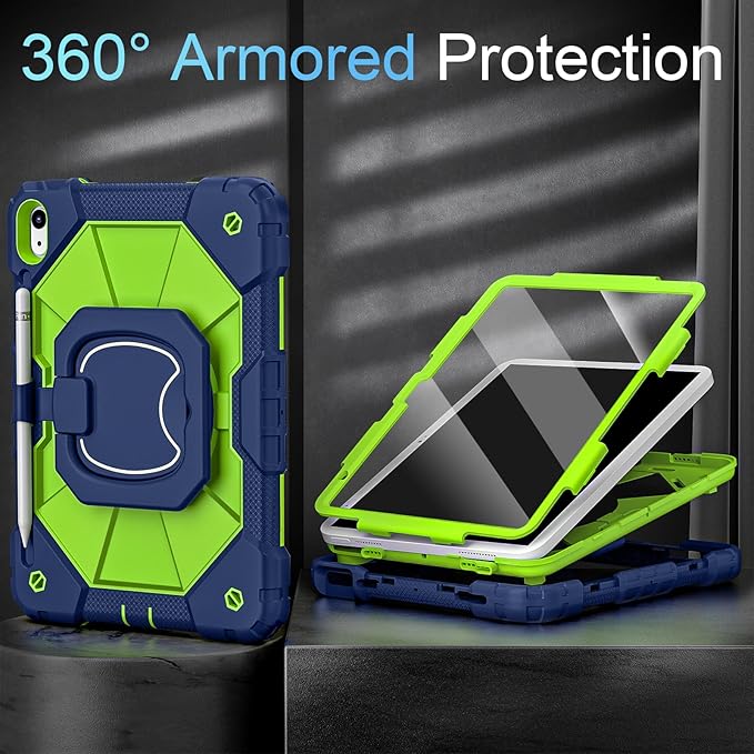 Case for iPad (A16) 11th/10th Generation 2025/2022,Heavy Duty Shockproof 10th Generation iPad Case with 360° Rotating Stand Screen Protector for i Pad 11.0/10.9 Inch Cover,Navy Green
