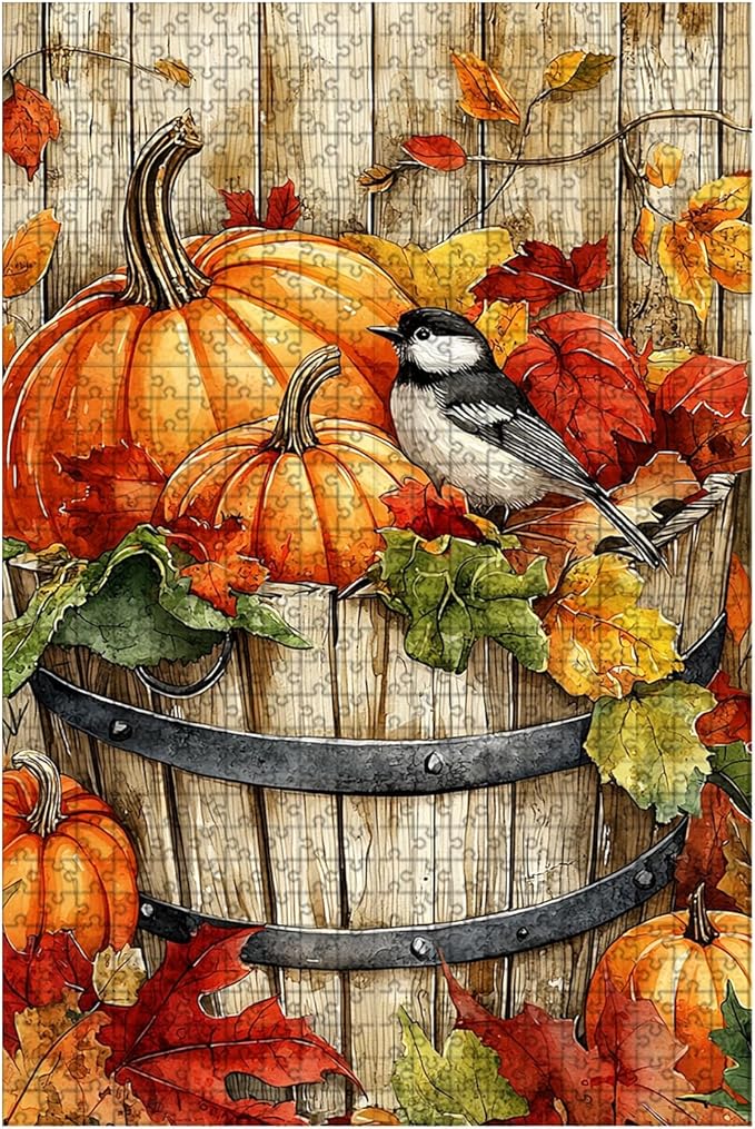 500 Piece Wooden Puzzle Jigsaw Fall Pumpkin Chickadee Puzzle Adults Humorous Challenge for Stress Relief & Brain Fun 20.4x15 Inch
