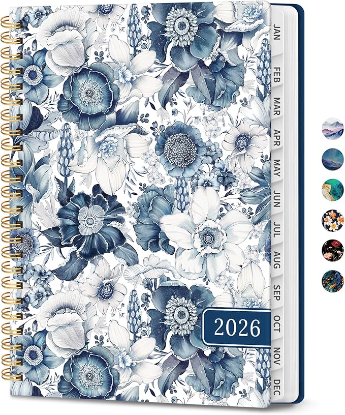 2026 Planner, Monthly and Weekly Calendar Planner for Women, January 2026 - December 2026, Hardcover Pretty 2026 Agenda Planner Book with Tabs, Spiral Bound, Perfect for School Office Home Supplies, 6.3" x 8.5" - Blue Floral