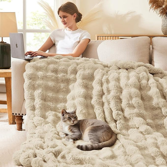 L'AGRATY Faux Rabbit Fur Blanket: 90" x 90" Queen Luxury Soft Fluffy Thick Fur Throw Blanket for Couch Bed Sofa - Cozy Plush Bubble Blankets for Winter: Flannel Fleece Decorative Blanket(Almond White)