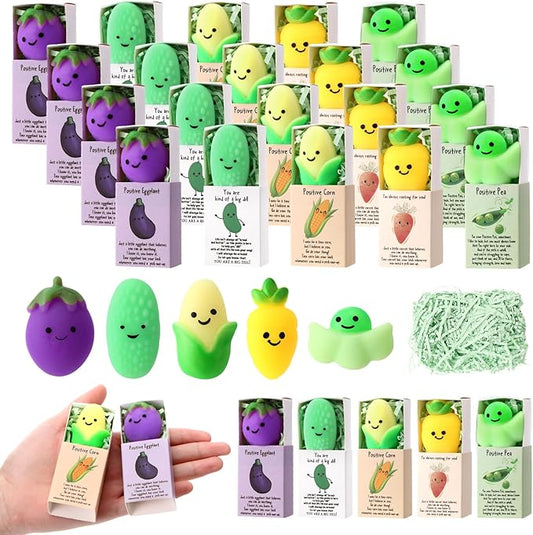 Wettarn 25 Sets Positive Gifts Vegetable Stress Balls with Support Gift Boxes Inspirational Party Favors for Employee Coworker Friends Office Appreciation Relief Toys