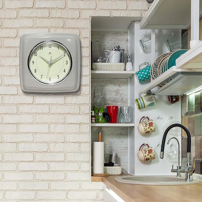 Infinity Instruments Square Retro Wall Clock, Stone Grey, 9.25"