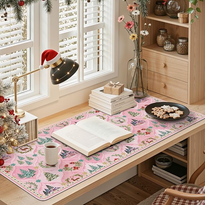 iCasso Christmas Desk Mat, Pastel Pink Mouse Pad, Desk Protector Mat, Extra Large Office Matt for Desktop, Anti-Slip XXL Big Mousepad with Stitched Edges for Computer Keyboard