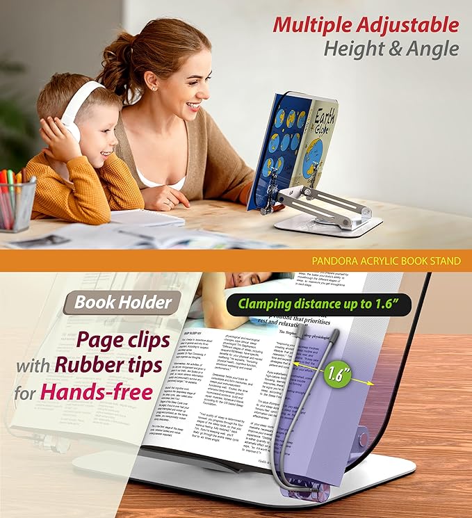 Acrylic Book Stand with 360° Rotating Body, Foldable Book Holder, Recipe and Laptop, Support up to 8.8 lb, Clear Stylish Ergonomic Design