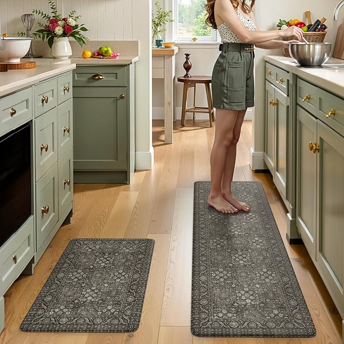KIMODE Anti Fatigue Kitchen Mats 20"x59"+20"x32", Boho Vintage Kitchen Floor Mats Non Slip, Waterproof Kitchen Mat for Floor, Farmhouse Comfort Standing Mat for Laundry Office Sink Desk Green/Grey