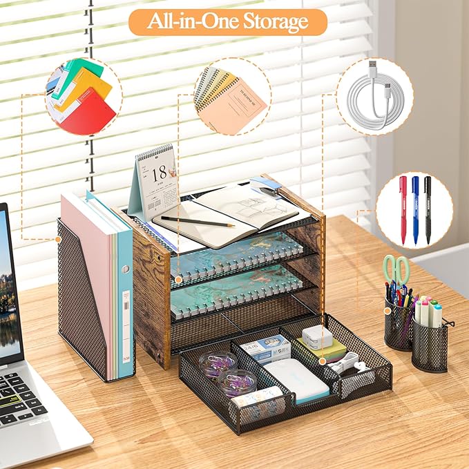 Wooden Desk Organizers and Accessories with File Holder, 4-Tier Paper File Organizer with Drawer & 2 Pen Holders, Office Desk Accessories, Desktop Organizer and Storage for Home Office