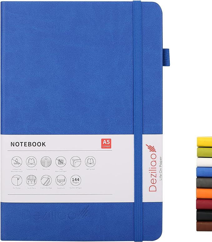 Deziliao Lined Journal Notebooks with Pen Loop, Hardcover Notebook Journal for Work, 100Gsm Premium Thick Paper with Inner Pocket, Medium 5.7"x8.4", （Blue, Ruled）
