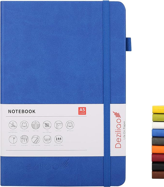 Deziliao Lined Journal Notebooks with Pen Loop, Hardcover Notebook Journal for Work, 100Gsm Premium Thick Paper with Inner Pocket, Medium 5.7"x8.4", （Blue, Ruled）