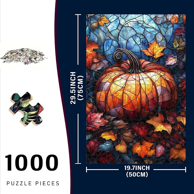 1000 Piece Wooden Jigsaw Puzzle Autumn Pumpkin for Adults & Kids Challenging Brain Teaser with Educational Value Stress Relief Focus Tool for Family Bonding 29.5x19.7 Inch