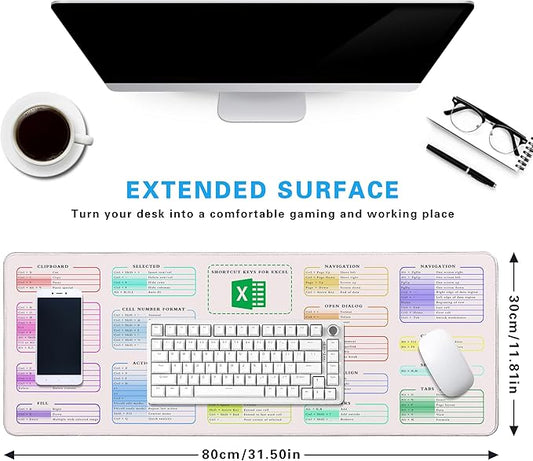 Excel Cheat Sheet Desk Pad, 31.5"x11.8", Waterproof Extra Large Excel Shortcut Mat with Stitched Edges, Anti-Slip Excel Mouse Pad for Office Desk, MS Excel/Word Shortcuts (White Shortcut Key C)