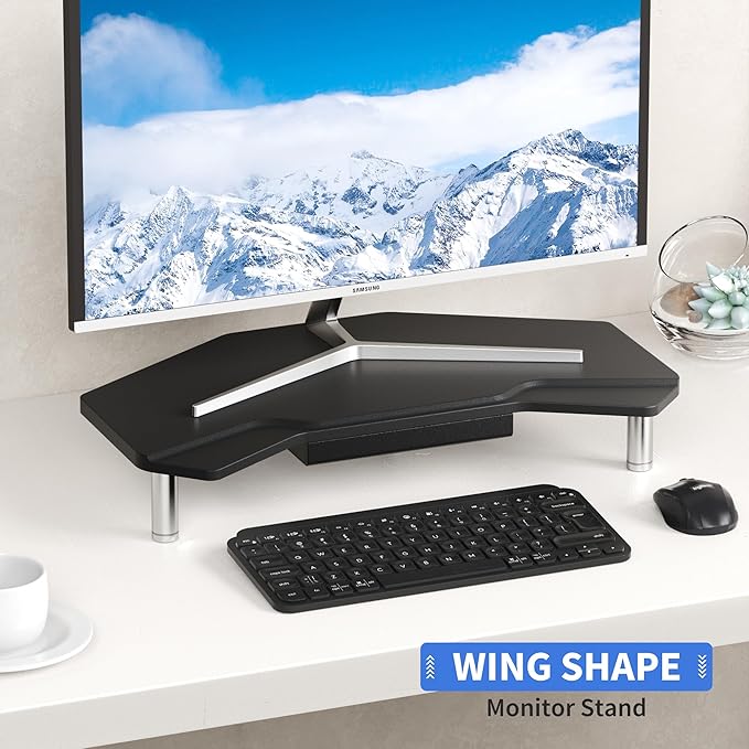Monitor Stand Riser Black,Plane Wing-Shaped Sturdy Computer Stand Ergonomic Desk Organizer Riser Wood Monitor Stand with Drawer for Laptop, Computer,16.5 Inch